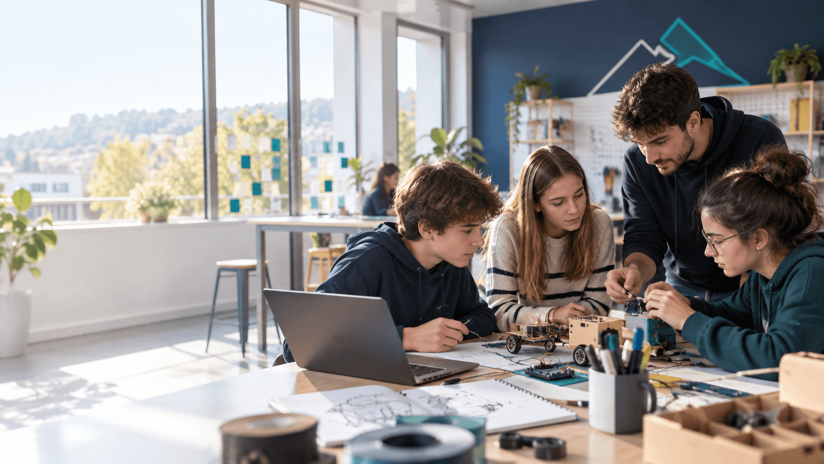 Des jeunes travaillent ensemble sur un projet de robotique et d'électronique.
