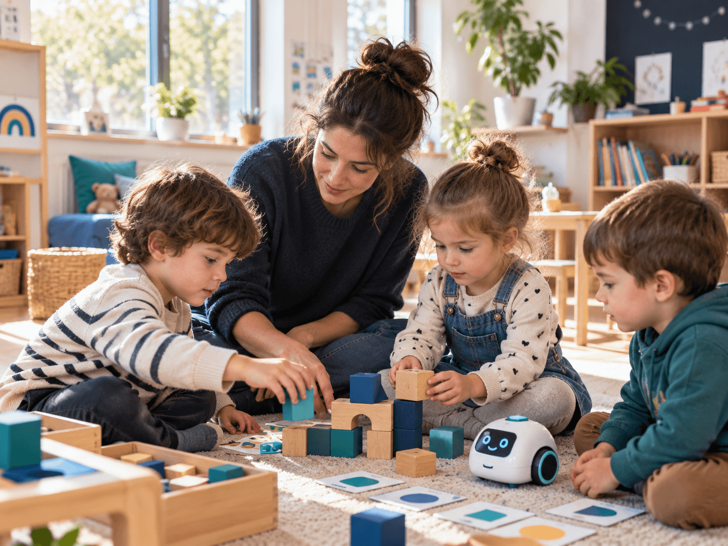 Des enfants en bas âge manipulent des constructions et un petit robot éducatif avec une adulte.