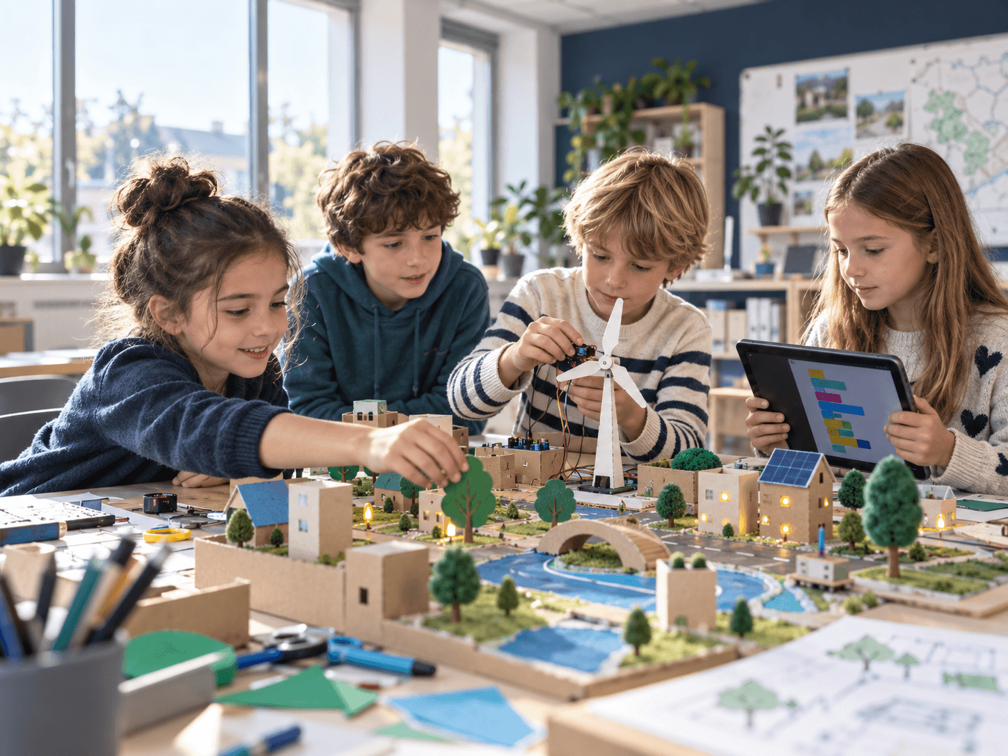 Des enfants construisent une maquette technologique et programment ensemble.