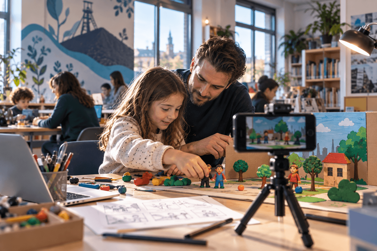 Un parent et un enfant réalisent ensemble un petit film en stop-motion.