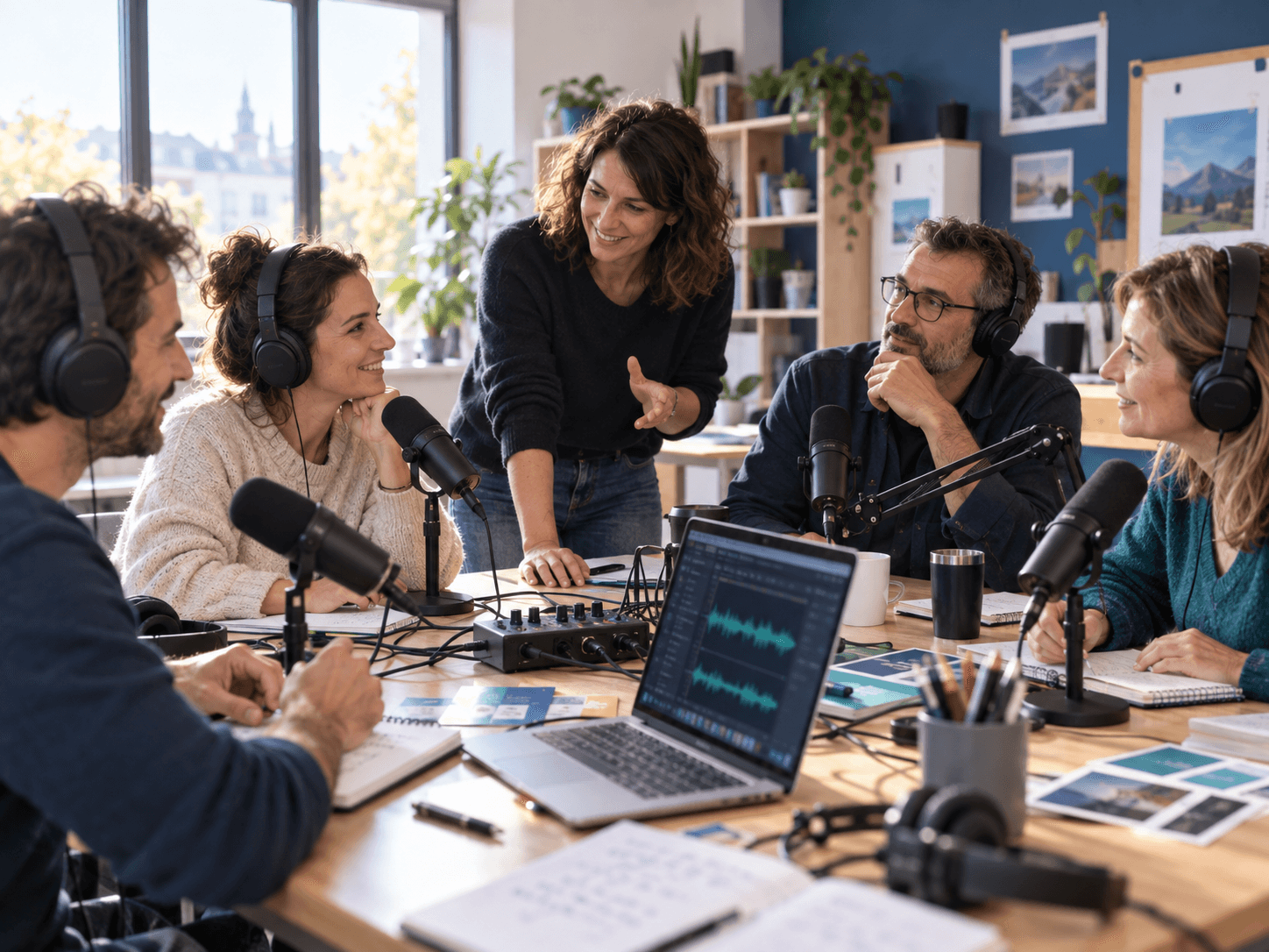 Des professionnels participent à une formation pratique autour du podcast et des médias.