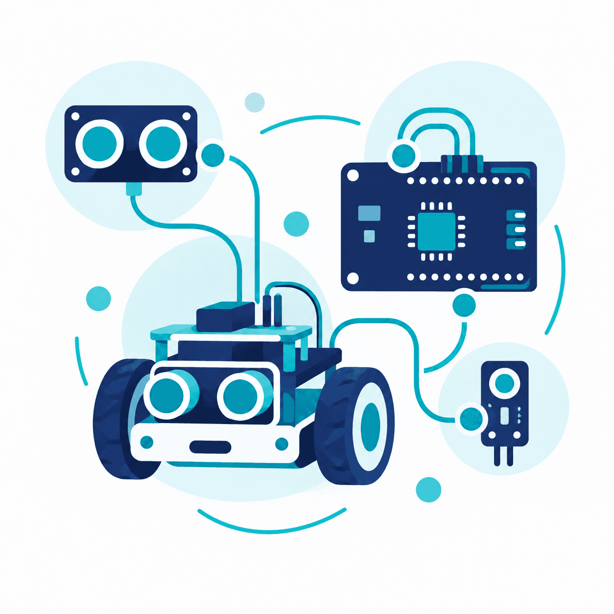 Illustration d'un robot éducatif, d'un microcontrôleur et de capteurs.